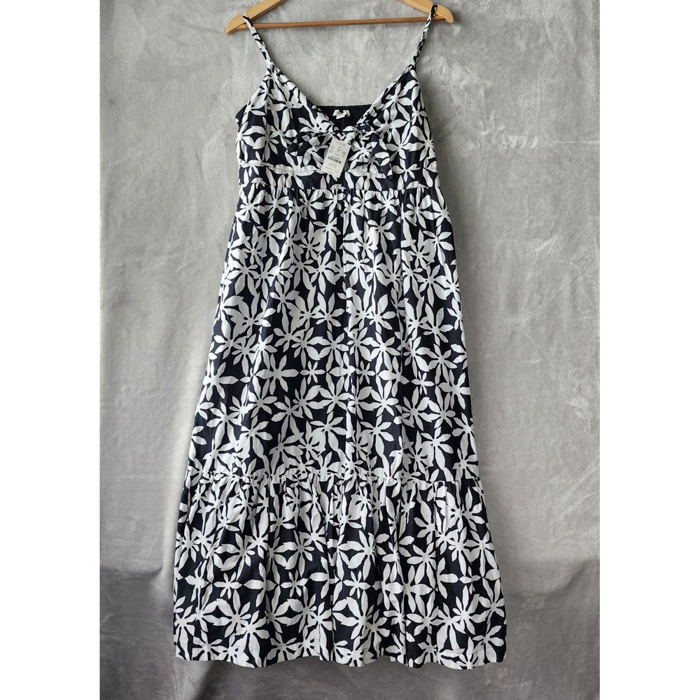 J.Crew Dress Size 14 Black White Floral Tie Front Cotton Smocked Pockets NWT